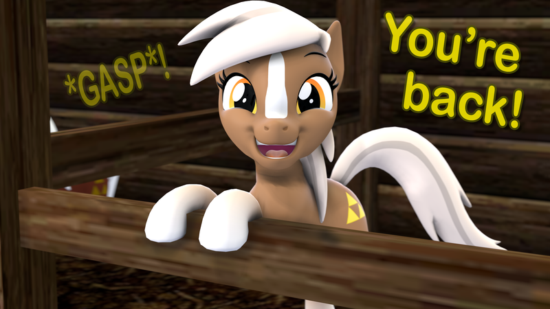 Size: 1920x1080 | Tagged: safe, artist:pika-robo, derpibooru import, earth pony, pony, 3d, epona, eponadorable, epony, female, happy, image, looking at you, open mouth, open smile, png, smiling, solo, source filmmaker, stable, talking to viewer, the legend of zelda, the legend of zelda: tears of the kingdom