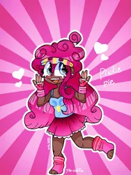 Size: 768x1024 | Tagged: safe, artist:yincokkie, derpibooru import, pinkie pie, human, alternate hairstyle, barefoot, clothes, cute, dark skin, diapinkes, ear piercing, earring, feet, female, four fingers, freckles, headband, heart, humanized, image, jewelry, jpeg, leg warmers, open mouth, piercing, skirt, solo, tanktop