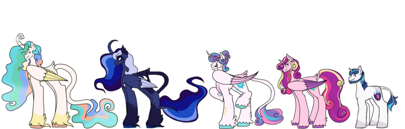 Size: 1920x613 | Tagged: safe, artist:gammanullzero, derpibooru import, princess cadance, princess celestia, princess flurry heart, princess luna, shining armor, alicorn, bat pony, bat pony alicorn, pony, unicorn, agender, asexual, bat wings, curved horn, demiboy, demisexual, facial hair, female, genderfluid, goatee, horn, image, intersex, leonine tail, long description, older, older flurry heart, pansexual, png, queer, sapphic, simple background, tail, trans female, transgender, transparent background, unshorn fetlocks, wings