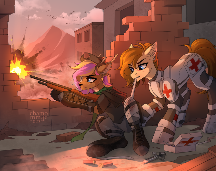 Size: 3715x2935 | Tagged: safe, artist:chamommile, derpibooru import, oc, oc:dusty heartwood, oc:willow heartwood, unofficial characters only, deer, deer pony, earth pony, original species, pony, fallout equestria, ammunition, angry, armor, bandage, blood, blue eyes, brown mane, cigarette, clothes, commission, doctor, duo, duo female, ear piercing, earring, earth pony oc, explosion, fallout, fantasy class, female, fight, first aid, first aid kit, full body, gun, hair bun, hat, image, injured, jewelry, looking at each other, looking at someone, looking back, medic, medical, military uniform, piercing, png, red cross, serious, serious face, shotgun, shotgun shell, smoke, smoking, stimpak, uniform, war, warrior, weapon