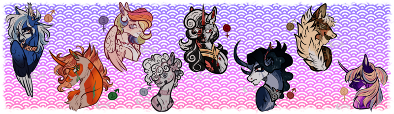 Size: 1920x557 | Tagged: safe, artist:annondragahart, derpibooru import, oc, unofficial characters only, earth pony, pegasus, pony, unicorn, abstract background, bust, earth pony oc, fangs, female, flower, flower in hair, grin, horn, image, interspecies offspring, lipstick, male, mare, offspring, parent:applejack, parent:big macintosh, parent:capper dapperpaws, parent:clear skies, parent:double diamond, parent:fleur-de-lis, parent:king sombra, parent:night glider, parent:pinkie pie, parent:princess cadance, parent:princess luna, parent:rainbow dash, parent:shining armor, parent:sunset shimmer, parent:twilight sparkle, parent:vinyl scratch, parents:capperjack, parents:clearlight, parents:doublepinkie, parents:fleurdash, parents:shimmermac, parents:shiningluna, parents:somdance, parents:vinylglider, pegasus oc, peytral, png, scar, sharp teeth, slit pupils, smiling, stallion, starry eyes, teeth, unicorn oc, wingding eyes, wings