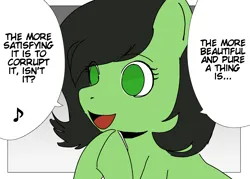 Size: 1683x1207 | Tagged: safe, artist:reponer, derpibooru import, oc, oc:anonfilly, earth pony, pony, black hair, colored, dialogue, drawfag, earth pony oc, female, filly, flat colors, gradient background, green eyes, green fur, image, meme, png, redraw, requested art, simple background, solo, speech bubble, text