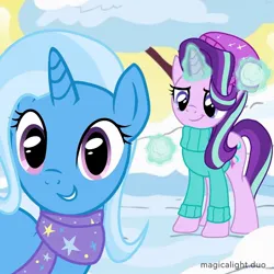 Size: 1080x1080 | Tagged: source needed, safe, artist:magicalight_duo, derpibooru import, starlight glimmer, trixie, pony, unicorn, clothes, glow, glowing horn, horn, image, jpeg, magic, magic aura, scarf, selfie, snow, snowball, snowball fight, telekinesis, winter