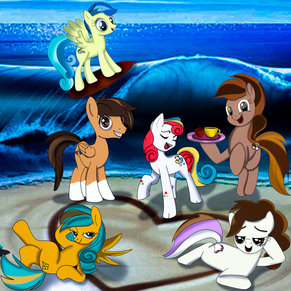 Size: 720x720 | Tagged: safe, artist:1mhimeji, derpibooru import, oc, oc:elegant latte, oc:murphneigh, oc:neapolitan, oc:primary pop, oc:starry cheeks, oc:starry cheeks the cunning, oc:wave surfer, earth pony, pegasus, unicorn, beach, coat markings, coffee, coffee cup, coffee mug, cup, earth pony oc, food, horn, image, muffin, mug, pegasus oc, png, socks (coat marking), sultry pose, surfboard, surfing, unicorn oc, wait for it, wave, wings