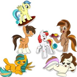 Size: 720x720 | Tagged: safe, artist:1mhimeji, derpibooru import, oc, oc:elegant latte, oc:murphneigh, oc:neapolitan, oc:primary pop, oc:starry cheeks, oc:starry cheeks the cunning, oc:wave surfer, earth pony, pegasus, unicorn, coffee, coffee cup, coffee mug, cup, earth pony oc, food, horn, image, muffin, mug, pegasus oc, png, simple background, sultry pose, transparent background, unicorn oc, wings