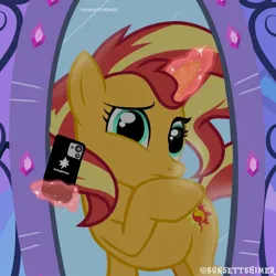 Size: 1080x1080 | Tagged: artist needed, source needed, safe, derpibooru import, sunset shimmer, pony, unicorn, female, glow, glowing horn, horn, image, jpeg, mirror portal, phone, selfie, solo