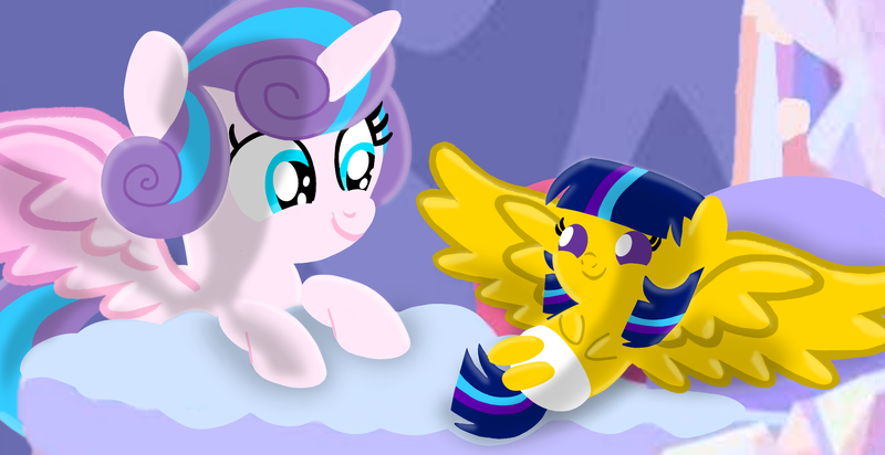 Size: 1980x1020 | Tagged: safe, artist:mlplary6, derpibooru import, princess flurry heart, oc, oc:star sparkle, alicorn, pegasus, pony, alicorn wings, baby, baby pony, bed, cousins, female, filly, filly flurry heart, foal, image, looking at each other, looking at someone, lying down, offspring, parent:flash sentry, parent:twilight sparkle, parents:flashlight, png, smiling, smiling at each other, wings