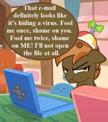 Size: 576x648 | Tagged: safe, artist:jan, derpibooru import, edit, button mash, don't mine at night, button mash is not amused, computer, curtains, hat, image, laptop computer, malware, png, propeller hat, thought bubble, trojan (malware), unamused