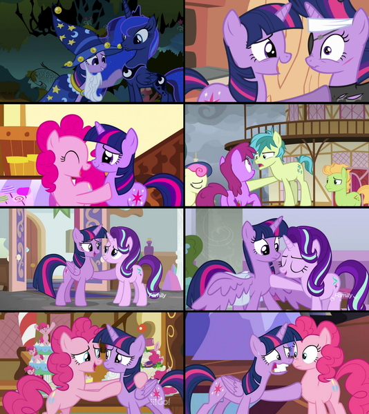 Size: 1276x1434 | Tagged: safe, derpibooru import, screencap, berry punch, berryshine, bon bon, peppe ronnie, pinkie pie, princess luna, sandbar, starlight glimmer, sweetie drops, twilight sparkle, twilight sparkle (alicorn), alicorn, earth pony, pegasus, pony, unicorn, cakes for the memories, griffon the brush off, it's about time, luna eclipsed, marks for effort, party pooped, school raze, the ending of the end, spoiler:cakes for the memories, spoiler:mlp friendship is forever, background pony, bipedal, boop, butt, cake, cloud, cloudy, cut, discovery family, discovery family logo, duo, duo female, eyes closed, faic, female, folded wings, food, friendship student, future twilight, golden oaks library, grin, happy, holding a pony, hoof on chest, image, jpeg, library, logo, male, mare, nervous, nervous grin, noseboop, plot, poking, ponyville, ponyville town hall, school of friendship, scrunchy face, smiling, soapbox, spread wings, stallion, star swirl the bearded costume, sugarcube corner, town hall, twilight's castle, unicorn twilight, watermark, wings