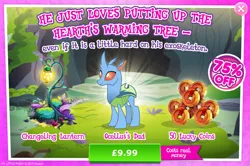 Size: 1961x1301 | Tagged: safe, derpibooru import, official, changedling, changeling, advertisement, bush, carapace (g4), costs real money, english, gameloft, horn, image, jpeg, lantern, lucky coins, male, mobile game, my little pony: magic princess, numbers, sale, solo, solo focus, text