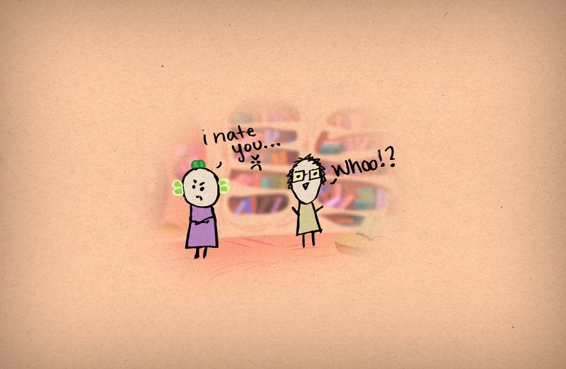 Size: 1500x977 | Tagged: safe, artist:melinjamin, derpibooru import, owlowiscious, spike, human, 2011, brown background, dialogue, duo, golden oaks library, humanized, image, library, male, png, simple background, stick figure