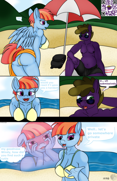 Size: 1891x2915 | Tagged: questionable, artist:wyntermoon, derpibooru import, windy whistles, oc, oc:wyntermoon, anthro, earth pony, pegasus, pony, ahegao, arm behind head, beach, bedroom eyes, bikini, breasts, busty windy whistles, clothes, comic, dialogue, female, glasses, image, imminent sex, male, mare, ocean, open mouth, png, sitting, stallion, swimsuit, tongue out, water