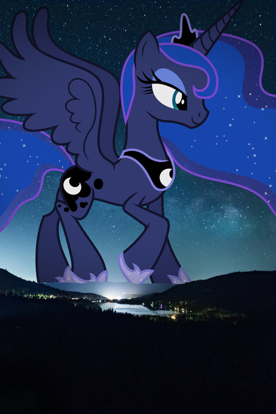 Size: 853x1280 | Tagged: safe, artist:dashiesparkle, derpibooru import, edit, editor:jaredking779, princess luna, alicorn, pony, california, crown, ethereal mane, female, giant pony, giantess, highrise ponies, hoof shoes, image, irl, jewelry, jpeg, macro, mare, mountain, mountain range, night, peytral, photo, ponies in real life, regalia, spread wings, truckee, wings