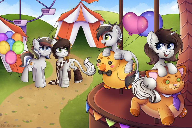 Size: 5000x3333 | Tagged: safe, artist:madelinne, derpibooru import, oc, oc:soothing song, oc:sound error, unofficial characters only, unicorn, amusement park, balloon, father and child, father and daughter, father and son, female, happy, image, male, mother and child, mother and daughter, mother and son, png, tent