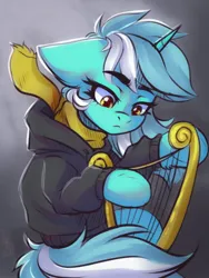 Size: 1200x1600 | Tagged: safe, artist:falafeljake, derpibooru import, lyra heartstrings, pony, unicorn, clothes, commission, dig the swell hoodie, eyebrows, eyebrows visible through hair, female, harp, hoodie, horn, image, jpeg, mare, musical instrument, playing, signature, solo