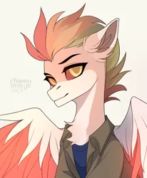 Size: 2273x2761 | Tagged: safe, artist:chamommile, derpibooru import, oc, unofficial characters only, pegasus, phoenix, pony, bust, chest fluff, clothes, commission, commission open, ear fluff, ears up, eyebrows, image, lightning, looking at you, male, multicolored hair, pegasus oc, png, rainbow hair, simple background, smiling, smiling at you, solo, white background, wings, yellow eyes