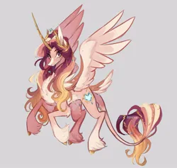 Size: 2048x1938 | Tagged: safe, artist:iheyyasyfox, derpibooru import, princess cadance, alicorn, classical unicorn, pony, unicorn, alternate design, chest fluff, cloven hooves, concave belly, eye clipping through hair, female, gray background, hoof fluff, horn, image, jpeg, leg fluff, leonine tail, long horn, long tail, looking at you, mare, simple background, slim, smiling, smiling at you, solo, tail, tail feathers, thin, unshorn fetlocks