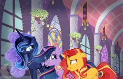Size: 2560x1658 | Tagged: safe, artist:noctissky, derpibooru import, princess luna, princess twilight 2.0, sunset shimmer, twilight sparkle, twilight sparkle (alicorn), alicorn, the last problem, alicornified, crown, female, image, jewelry, jpeg, looking at each other, looking at someone, older, older twilight, race swap, regalia, shimmercorn, trio, trio female