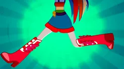 Size: 3072x1726 | Tagged: safe, derpibooru import, edit, edited screencap, screencap, rainbow dash, human, eqg summertime shorts, equestria girls, raise this roof, armpits, belt, belt buckle, boots, breakdancing, breasts, clothes, cutie mark, cutie mark on clothes, dancing, dress, fall formal outfits, female, high heel boots, image, png, shoes, solo, upside down