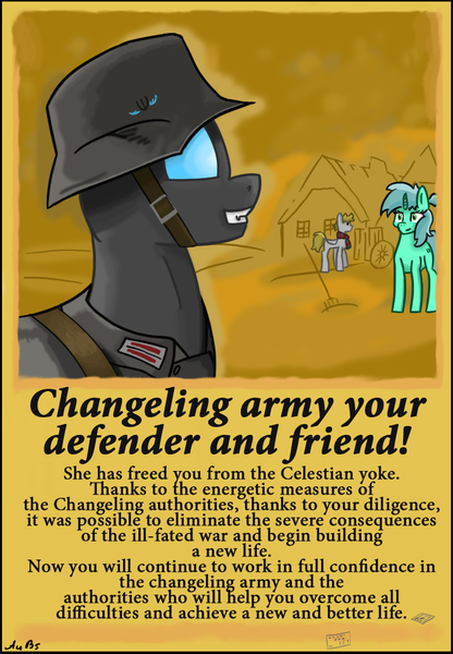 Size: 880x1268 | Tagged: safe, artist:derpy_fan, derpibooru import, edit, oc, oc:gray caramel, oc:warm ocean, unofficial characters only, changeling, pegasus, pony, unicorn, equestria at war mod, female, horn, image, male, mare, pegasus oc, png, poster parody, profile, propaganda, propaganda poster, smiling, stallion, text, unicorn oc, wehrmacht, wings