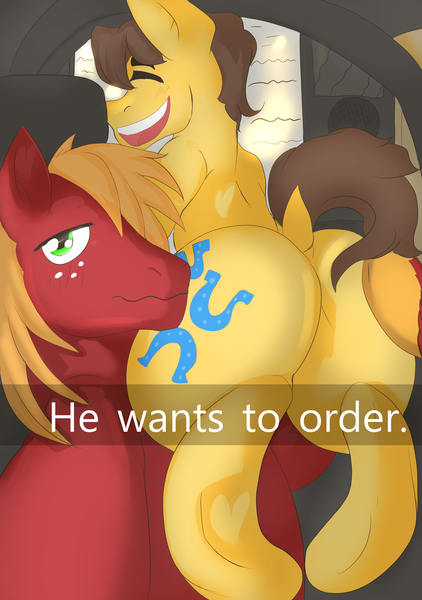 Size: 1939x2760 | Tagged: safe, derpibooru import, big macintosh, caramel, earth pony, pony, butt, car interior, duo, duo male, he wants to order, image, male, meme, parody, plot, png, selfie, stallion