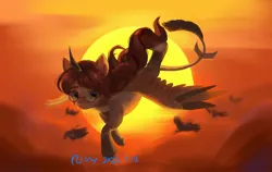 Size: 2285x1447 | Tagged: safe, artist:rily, derpibooru import, oc, pony, chinese text, cloud, dragon tail, female, flying, glasses, image, jpeg, looking at you, moon runes, sunset, tail