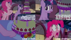 Size: 2000x1125 | Tagged: safe, derpibooru import, edit, edited screencap, editor:quoterific, screencap, pinkie pie, twilight sparkle, unicorn, mmmystery on the friendship express, cake, food, friendship express, image, locomotive, marzipan mascarpone meringue madness, png, steam locomotive, train, unicorn twilight