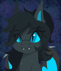 Size: 1200x1400 | Tagged: safe, artist:modularpon, derpibooru import, oc, oc:umbra glow, unofficial characters only, bat pony, pony, abstract background, animated, bat pony oc, bat wings, blue sclera, eye clipping through hair, fangs, female, freckles, gif, glow, image, mare, open mouth, solo, wings