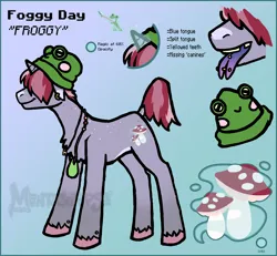 Size: 2000x1848 | Tagged: safe, artist:manticorpse, derpibooru import, oc, oc:foggy day, unofficial characters only, frog, pony, unicorn, beanie, beanie hat, character design, chest fluff, ear piercing, forked tongue, glow, glowing horn, gradient background, gray coat, hair over eyes, hair over one eye, hat, horn, image, mushroom, piercing, png, reference sheet, solo, tongue piercing