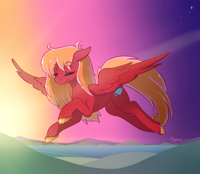 Size: 2893x2523 | Tagged: safe, artist:kaenn, derpibooru import, oc, oc:lucasreigns, pegasus, pony, female, flying, image, long hair, peaceful, png, red body, solo, sunset