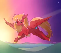 Size: 2893x2523 | Tagged: safe, artist:kaenn, derpibooru import, oc, oc:lucasreigns, pegasus, pony, female, flying, image, long hair, peaceful, png, red body, solo, sunset