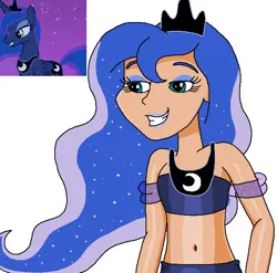 Size: 662x654 | Tagged: safe, artist:ocean lover, color edit, derpibooru import, edit, princess luna, human, season 3, sleepless in ponyville, adorasexy, bare midriff, bare shoulders, beautiful, beautiful eyes, beautisexy, belly, belly button, blue lipstick, clothes, colored, crown, cute, elegant, ethereal hair, eyeshadow, happy, human coloration, humanized, image, jewelry, lidded eyes, lips, lipstick, long hair, looking at someone, makeup, midriff, ms paint, night, night sky, png, pretty, reference, regalia, scene interpretation, sexy, simple background, skin color edit, sky, smiling, solo, starry hair, starry night, stars, teal eyes, transparent background, wavy hair, white background