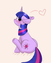 Size: 593x726 | Tagged: safe, artist:twiliset, derpibooru import, twilight sparkle, pony, unicorn, animated, behaving like a dog, blushing, cute, floppy ears, gif, heart, image, looking at you, looking back, looking back at you, red face, shaking, simple background, sitting, solo, tail, tail wag