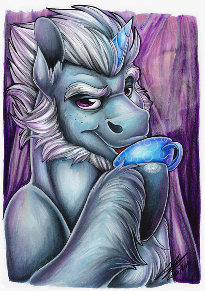 Size: 1759x2492 | Tagged: safe, artist:lupiarts, derpibooru import, pony, unicorn, g5, my little pony: a new generation, alphabittle blossomforth, bust, colored pencil drawing, copic, cup, image, jpeg, male, markers, portrait, smiling, smirk, solo, solo male, stallion, teacup, traditional art, unshorn fetlocks