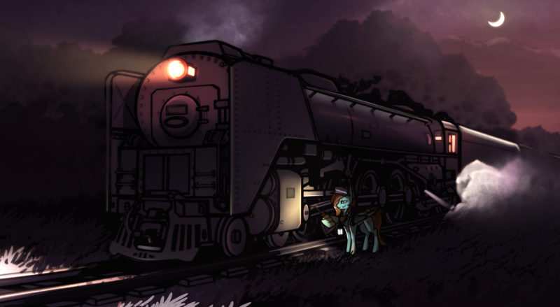 Size: 3568x1958 | Tagged: safe, artist:fenixdust, derpibooru import, oc, oc:sorren, pegasus, pony, image, lantern, locomotive, male, night, pegasus oc, png, railroad, solo, stallion, steam locomotive, train, wings