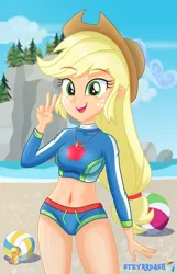 Size: 1125x1750 | Tagged: safe, artist:steyrrdash, derpibooru import, applejack, human, equestria girls, beach, beach ball, female, image, jpeg, looking at you, ocean, smiling, smiling at you, solo, water