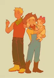 Size: 1640x2360 | Tagged: safe, artist:lipstickboyss, derpibooru import, apple bloom, applejack, big macintosh, human, apple, apple siblings, apple sisters, baby, baby apple bloom, bandana, boots, brother and sister, clothes, cowboy hat, denim, female, food, green background, hat, humanized, image, jeans, jpeg, male, neckerchief, pants, shirt, shoes, siblings, simple background, sisters, younger