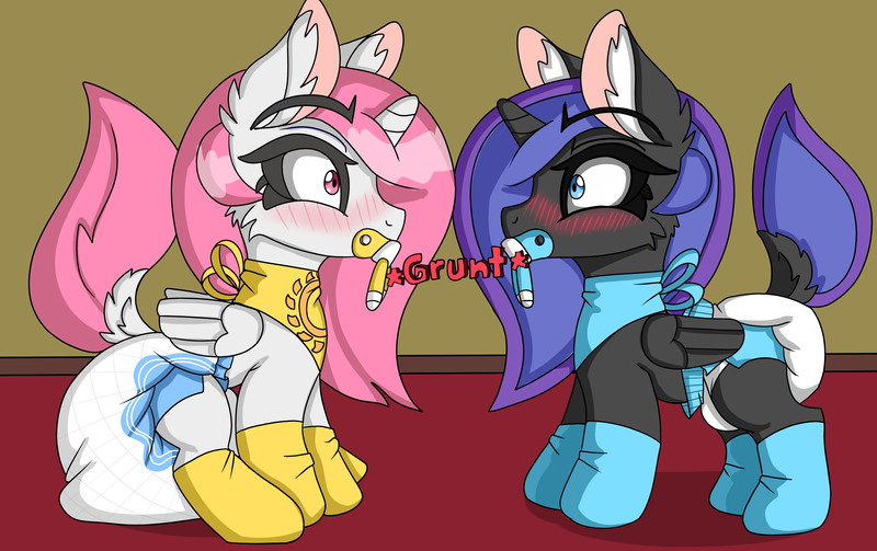 Size: 4517x2842 | Tagged: questionable, artist:cuddlelamb, derpibooru import, nightmare moon, princess celestia, pony, age regression, diaper, eyebrows, eyebrows visible through hair, foal, image, pacifier, png, younger