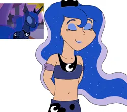 Size: 1102x974 | Tagged: safe, artist:ocean lover, color edit, derpibooru import, edit, princess luna, human, season 9, the summer sun setback, spoiler:s09, bare midriff, bare shoulders, beautiful, belly, belly button, blue eyeshadow, blue lipstick, clothes, colored, crown, cutie mark, cutie mark on clothes, ethereal hair, eyes closed, eyeshadow, female, human coloration, humanized, image, jewelry, lips, lipstick, makeup, midriff, ms paint, png, reference, regalia, scene interpretation, simple background, skin color edit, sleeveless, smiling, solo, starry hair, stars, transparent background, wavy hair, white background