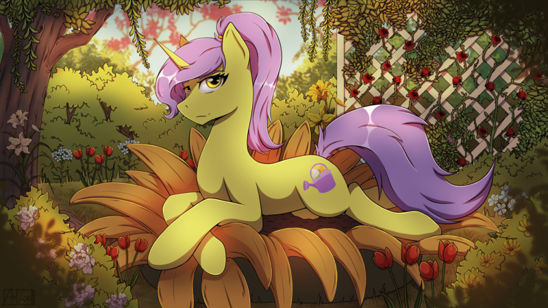 Size: 2688x1512 | Tagged: safe, artist:alicetriestodraw, derpibooru import, oc, oc:tulipan, pony, unicorn, background, bush, commission, flower, garden, horn, image, looking at you, lying down, png, ponytail, rose, sky, tree, tulip, unicorn oc