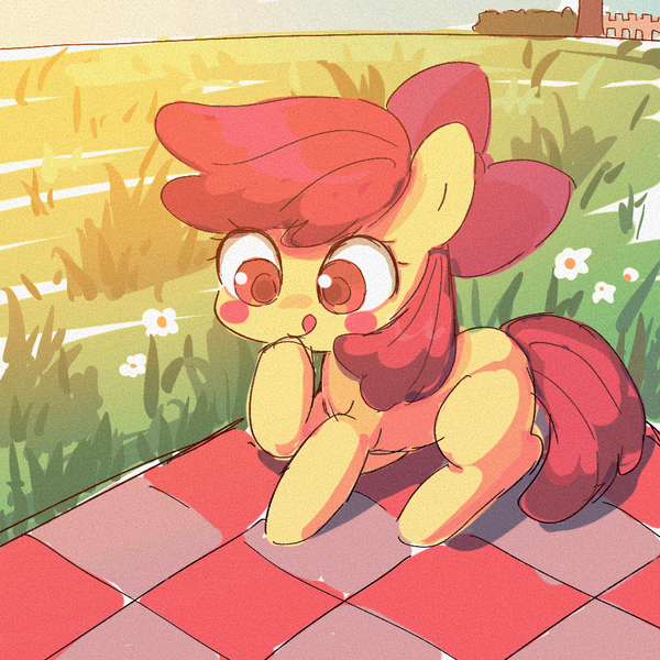 Size: 1000x1000 | Tagged: safe, artist:muningaiyc, derpibooru import, apple bloom, earth pony, pony, blushing, female, filly, foal, image, picnic blanket, png, solo, tongue out