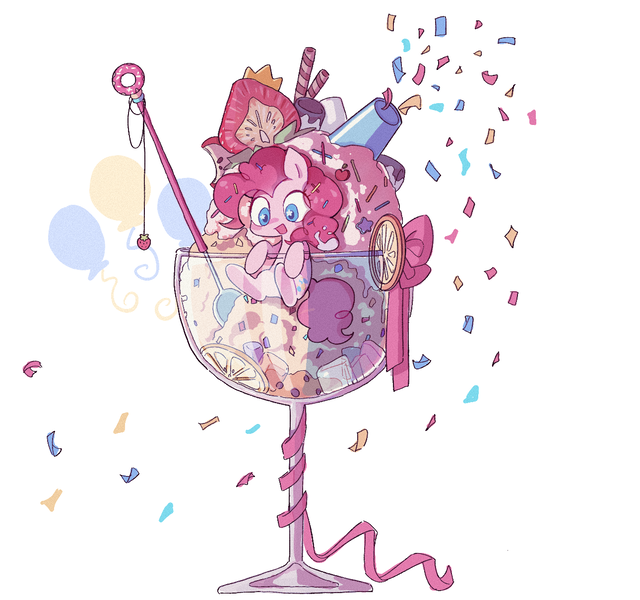 Size: 1290x1210 | Tagged: safe, artist:muningaiyc, artist:y_songmo, derpibooru import, pinkie pie, earth pony, pony, chibi, confetti, cup, cup of pony, cute, diapinkes, female, food, ice cream, image, mare, micro, open mouth, open smile, party cannon, pinkie pie's cutie mark, png, ponies in food, simple background, smiling, solo, spoon, starry eyes, strawberry, white background, wingding eyes