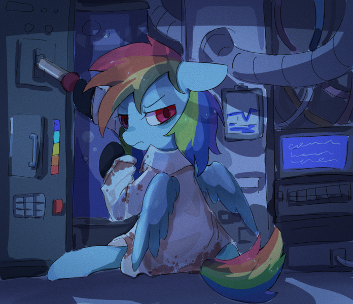 Size: 1623x1399 | Tagged: safe, artist:muningaiyc, derpibooru import, rainbow dash, pegasus, pony, fanfic:rainbow factory, blood, clothes, computer, cute, dashabetes, dried blood, fanfic art, female, floppy ears, image, lab coat, looking at you, looking back, looking back at you, mare, png, rainbow factory dash, sitting, solo, spread wings, wings