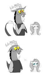 Size: 1700x2700 | Tagged: safe, artist:pelma, derpibooru import, part of a set, discord, fluttershy, draconequus, pegasus, pony, 2 panel comic, comic, discoshy, duo, female, frown, image, jpeg, male, shipping, simple background, smiling, straight, white background