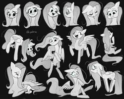 Size: 2500x2000 | Tagged: safe, artist:pelma, derpibooru import, angel bunny, fluttershy, pegasus, frown, image, jpeg, lying down, monochrome, smiling, solo, spread wings, sweat, sweatdrop, wings