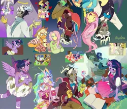 Size: 3500x3000 | Tagged: safe, artist:pelma, derpibooru import, applejack, discord, fluttershy, pinkie pie, princess celestia, rarity, twilight sparkle, twilight sparkle (alicorn), alicorn, draconequus, earth pony, pegasus, unicorn, equestria girls, clothes, halo, image, jpeg, scene interpretation, sitting, smiling, unicorn twilight