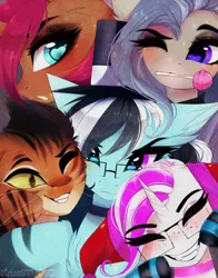 Size: 2430x3098 | Tagged: safe, artist:krissstudios, derpibooru import, oc, oc:kooler, oc:med, oc:meowmix, oc:purapoint, unofficial characters only, cat, earth pony, pony, unicorn, cute, earth pony oc, group, horn, image, one eye closed, png, unicorn oc, wink