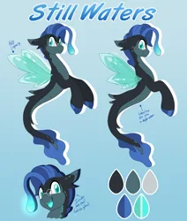 Size: 4784x5653 | Tagged: safe, artist:pearlyiridescence, derpibooru import, oc, oc:still waters, unofficial characters only, seapony (g4), glasses, glow, gradient background, image, male, png, reference sheet, sharp teeth, solo, teeth