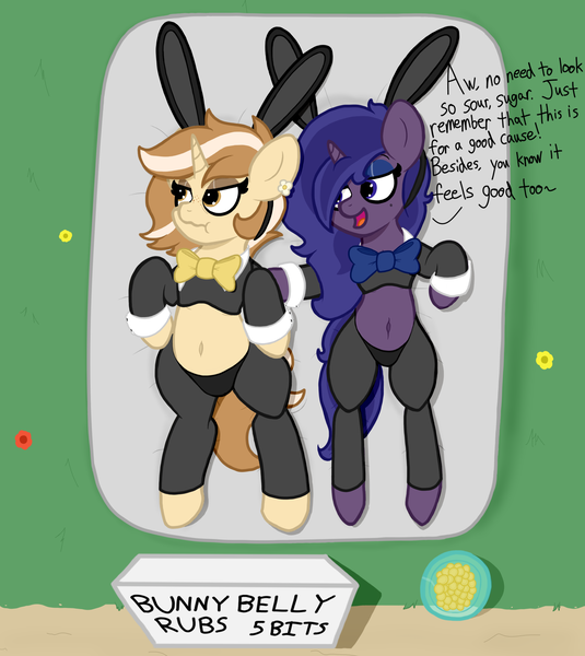 Size: 2300x2580 | Tagged: suggestive, artist:jerkface, derpibooru import, oc, oc:latte luxury, oc:love bug, pony, unicorn, belly button, bellyrubs, bunny ears, duo, female, image, mare, mattress, png, reverse bunny suit