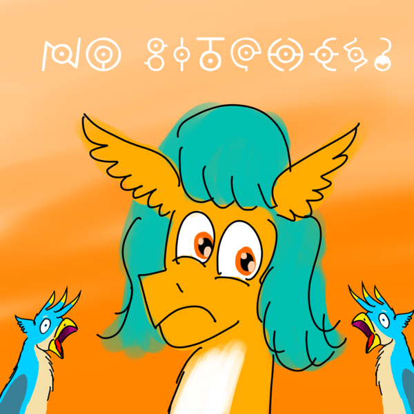 Size: 3200x3200 | Tagged: safe, artist:horsesplease, derpibooru import, gallus, hitch trailblazer, unown, series:ask failblazer, g5, bitch, bitch trailblazer, gallus the rooster, image, looking at you, meme, no bitches?, png, pokémon, sad, sad hitch, solo, vulgar